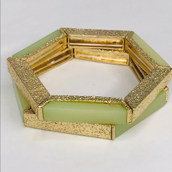 Geometric Stretch Bangles Mint Green Gold - Picture 5 of 8